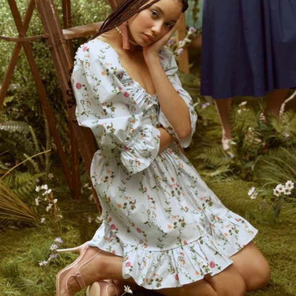 Hill House Samantha Dress in Pond Floral Poplin Blue Women's Size Extra Small